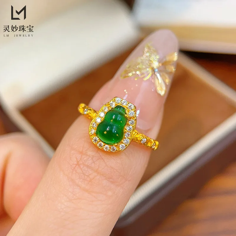 

Women's Jade Gourd Open Diamond Ring, 24K Gold, AU999 | "Stability" engraving with vine motifs, subtle professional elegance.