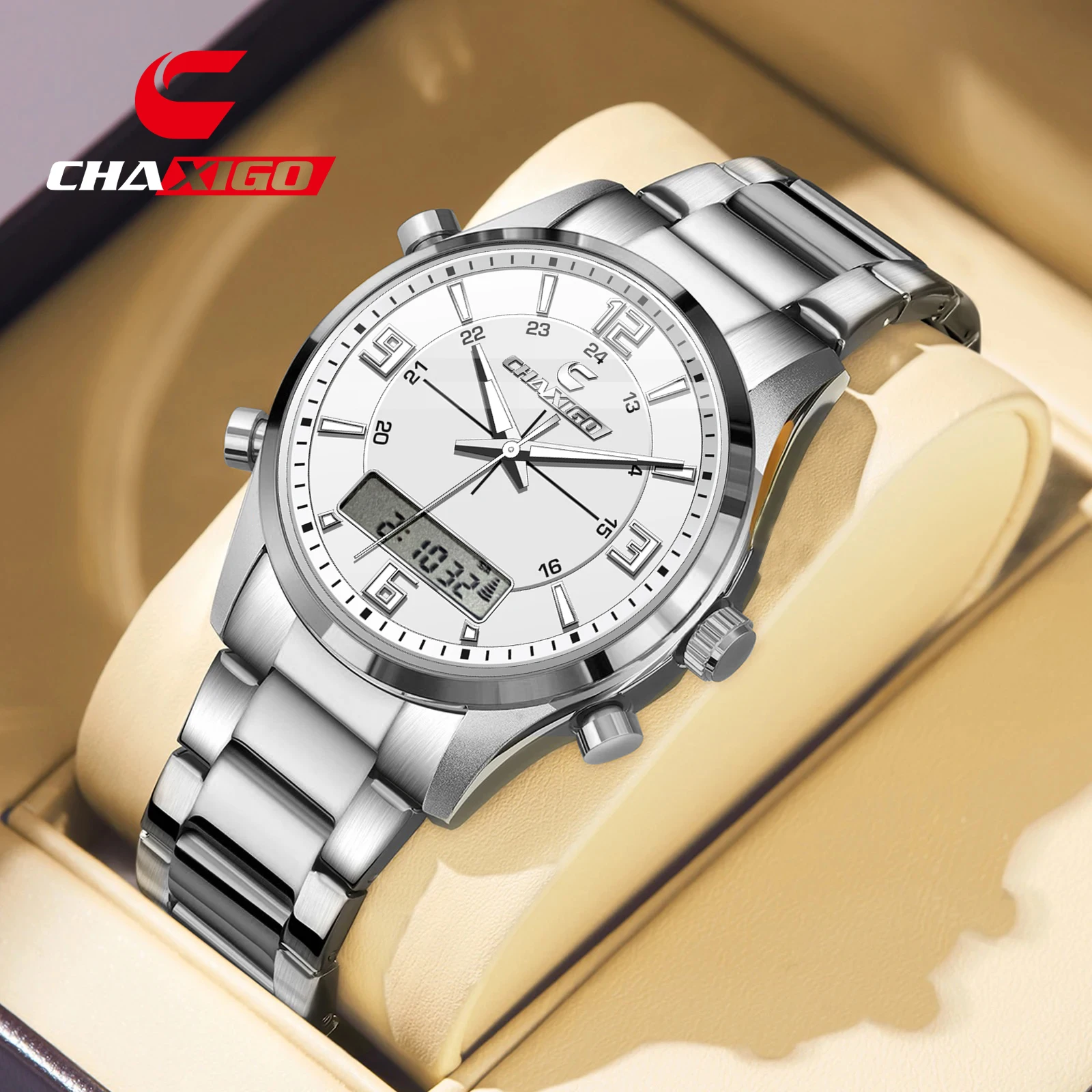 CHAXIGO Men's Sport Business Casual Stainless Steel Watch with 30-meter Water Resistance, Backlight, and Day Display