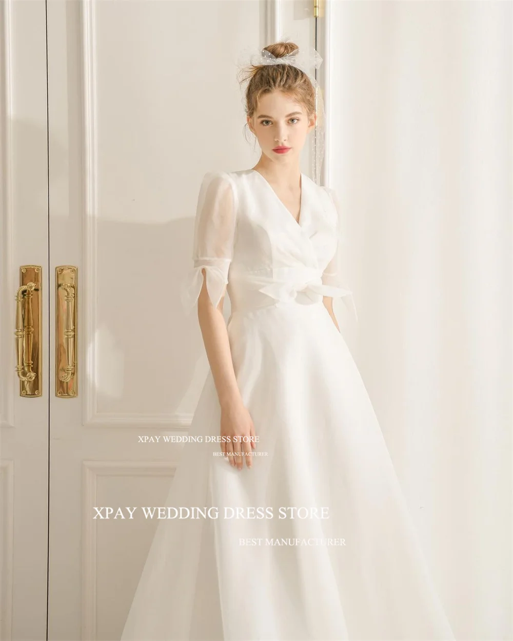 XPAY Simple V Neck Korea Wedding Dresses For Women Photos Shoot Half Sleeve Organza Bride Dress Corset Custom Size Bridal Gown