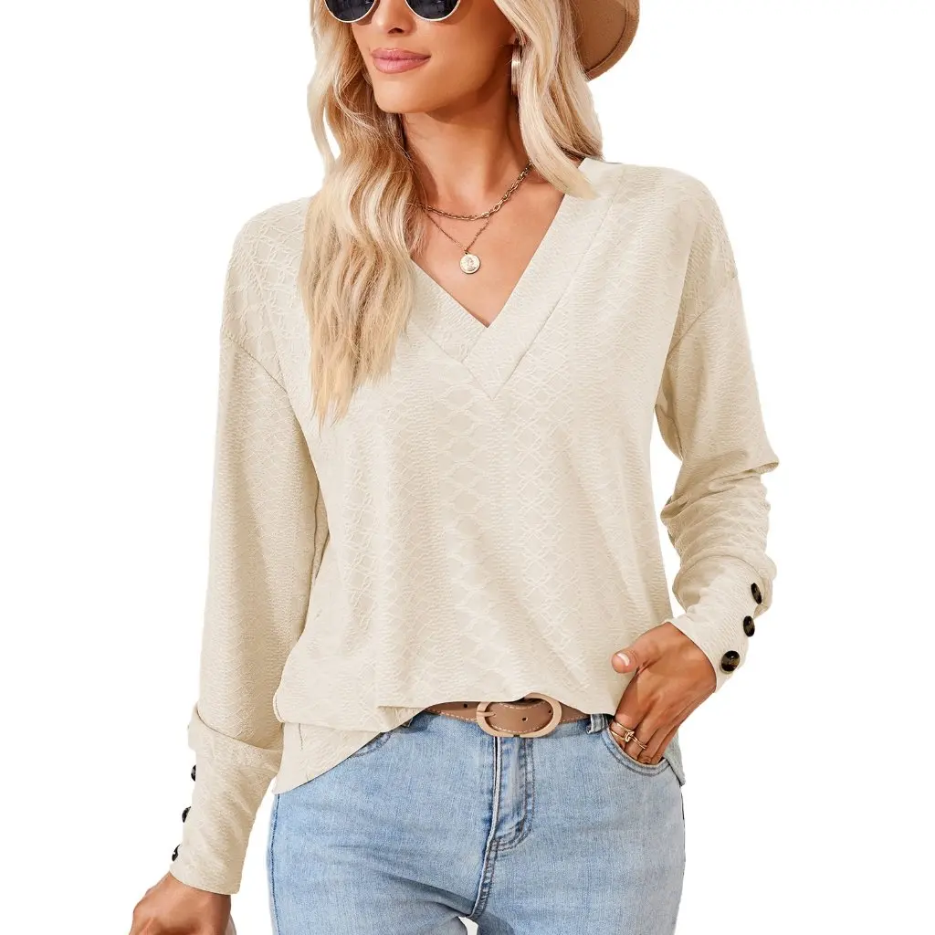 

Женская футболка с v-образным вырезом, однотонная жаккардовая свободная посадка на пуговицах, осенне-зимний топ для трансграничной внешней торговли