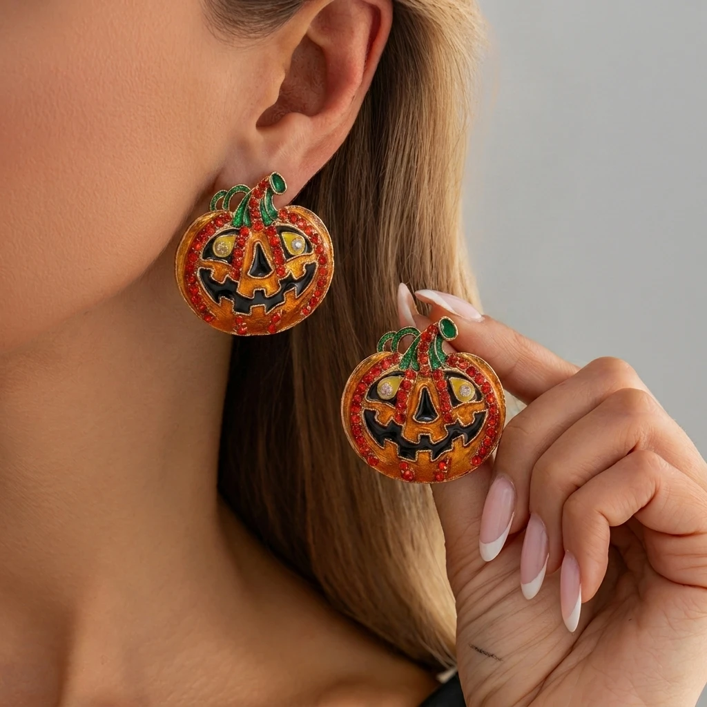 Asymmetrische Kürbis-Geister-Ohrstecker für Damen, Halloween-Emaille-Geister-Einkaufstaschen-Form-Hängeohrringe, Festival-Cosplay-Schmuck – Detail 3