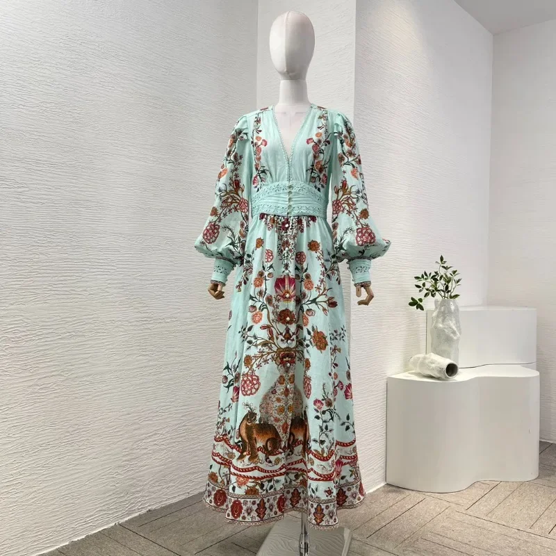 High Quality Silk Blue Green Floral Animal Print Long Sleeve Deep V Neck Elegant Vintage Women Midi Dress New Fashion Style