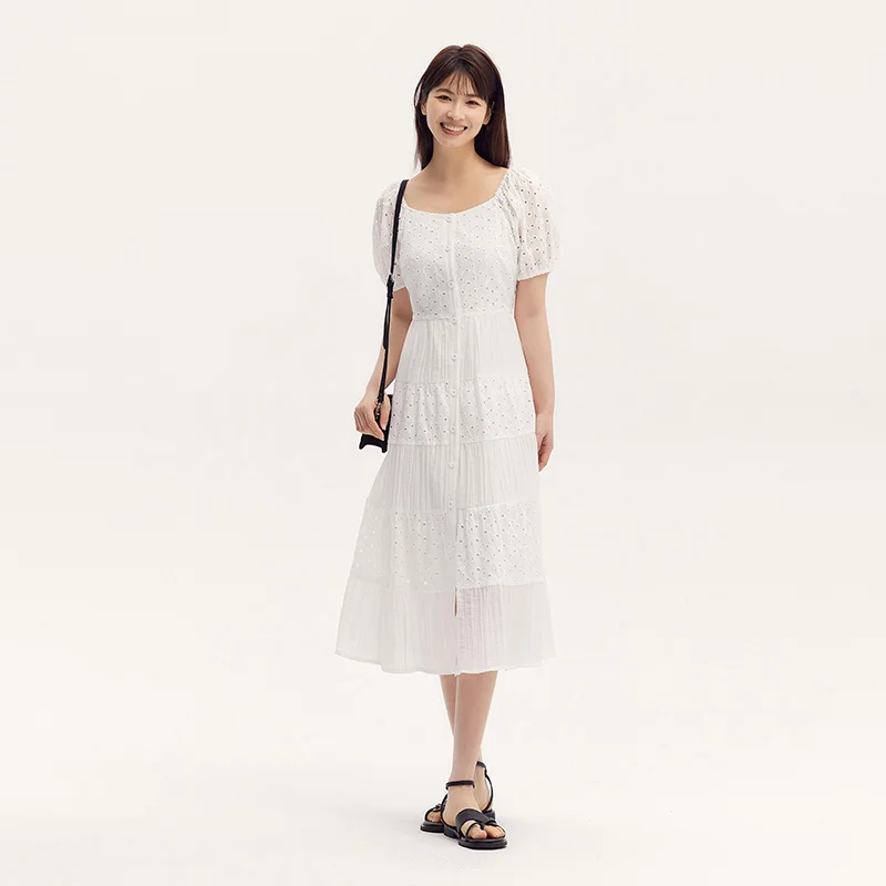 Semir Dress Women Square Collar Spliced Mid-Length Dress 2024 Summer New Hollow Texture Little White Dress French-Inspired