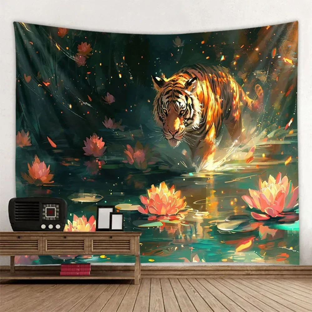 Psychedelic tiger tapestry, jungle animal lotus art decoration, wall hanging, hippie home, living room, bedroom background cloth