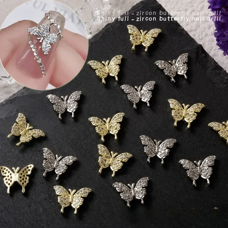 1Pc Silver 3D Anti-fade Metal Butterfly Zircon Nail Charms Elegant Texture Rhinestone Ornament DIY Nail Manicure Art Decor