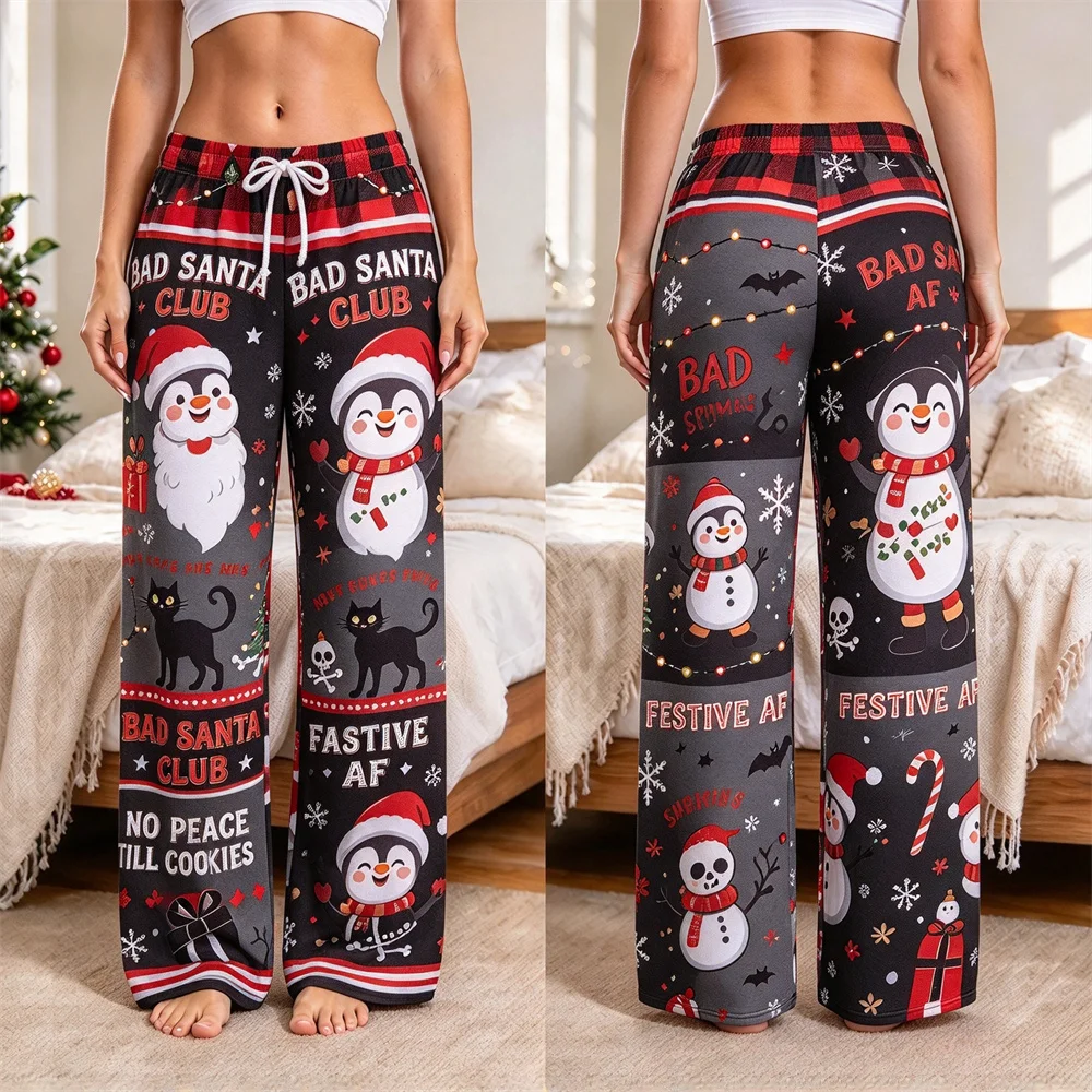 Women Christmas Printed Wide Leg Pant Santa Snowman Casual Loose Pajama Trousers Comfort Home Sleepwear Holiday Party Pants Gift