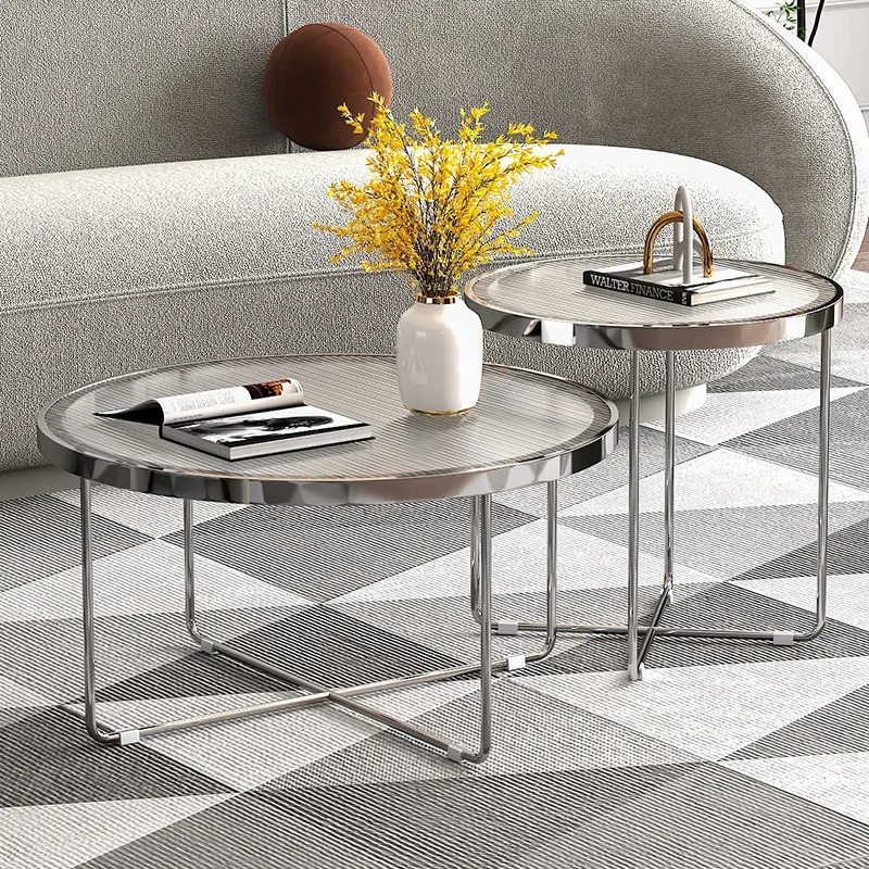 

Light luxury stainless steel tempered glass mother and child coffee table small apartment round edge few living room home hotel