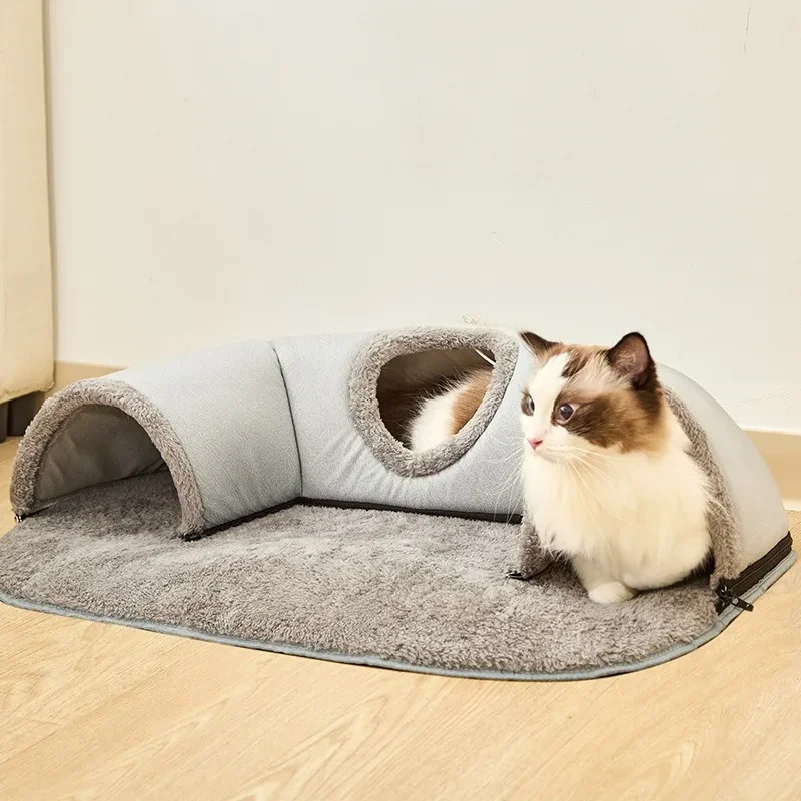 2 in 1 Cozy Small Cat Tunnel Bed Autumn Winter Cats Nest Interactive Pet Hide-and-Seek Toys Multifunction Cat Warm Sleep Bed Mat