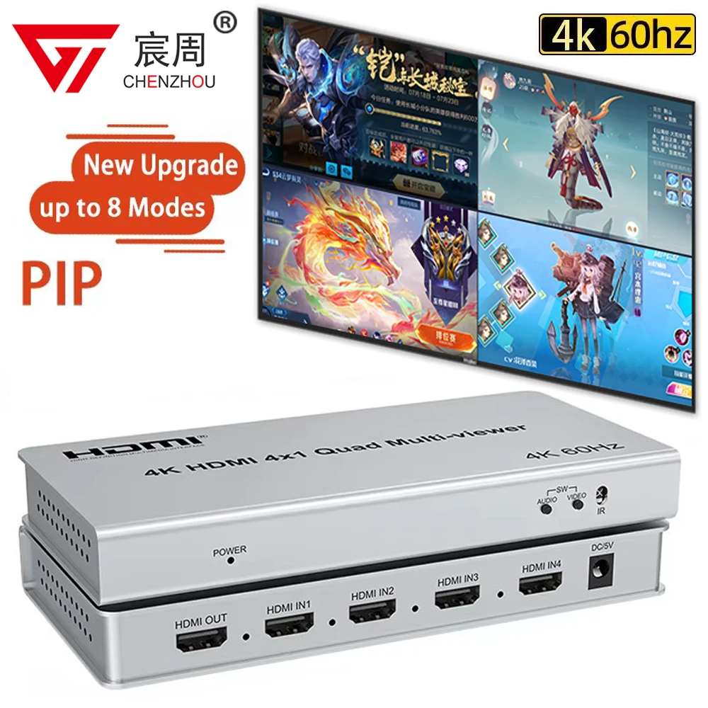 4K 60Hz HDMI Multiviewer 4x1 Seamless Switch Quad Screen Multi-Viewer Support 90° 180° 270° Flip PIP Picture in Picture 8 Modes