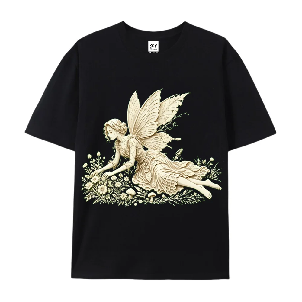 Fairy Garden Graphic T Shirt Women Unisex Vintage Cottagecore Gothic Fantasy Short Sleeve Casual Black Tee Top