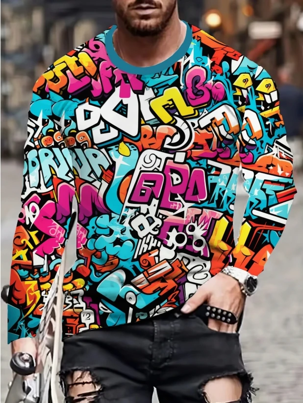 

Men'S Long Sleeve T-Shirt, 3D Color Block Print, Casual Round Neck, Polyester Knit, Regular Fit, Streetwear, Outdoor Wear