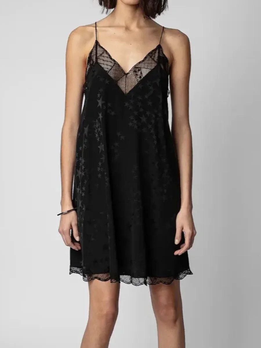 

Stars Letter Jacquard Women's Sling Dress Summer 100% Silk Lace Spliced V-Neck Sleeveless High Waist Fashion Female Mini Robe
