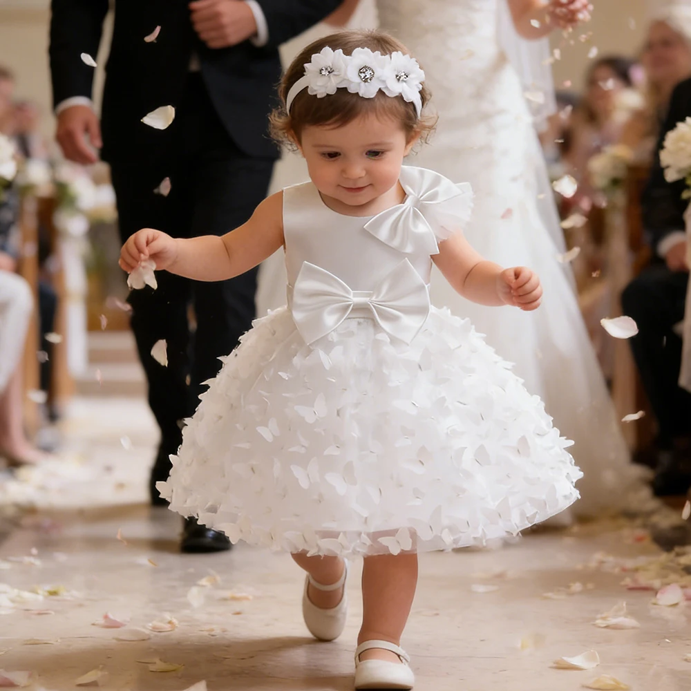 

Модное детское свадебное платье с 3D вышивкой бабочек для девочек, нарядное белое платье для малышей, костюм подружки невесты, платье для крещения
