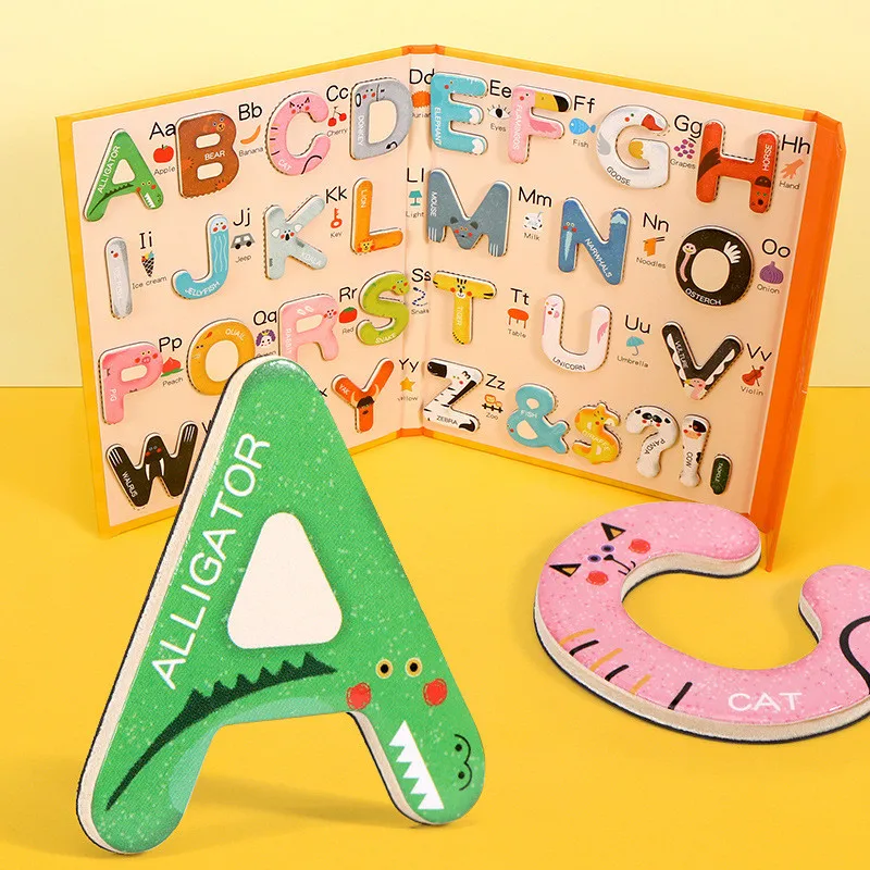 Children Wooden Foldable Portable Letter Cognitive Matching Magnetic Puzzle Board English Language Learning Book Educational Toy