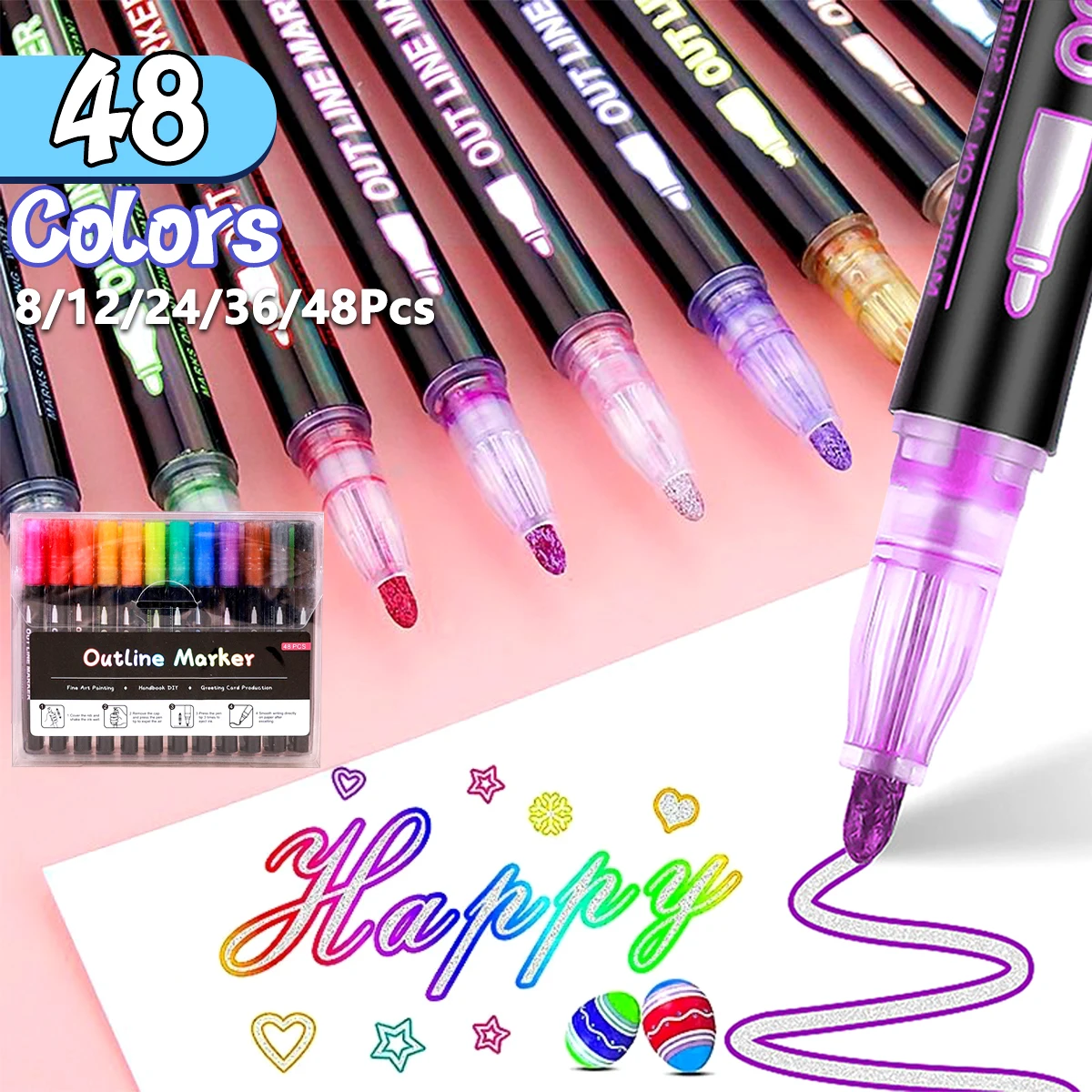 48 Colors Double-line Outline Pen Contour Pen Dream Flash Pen Self-Contour Metallic Marker Pens DIY Handbook Fluorescent Marker