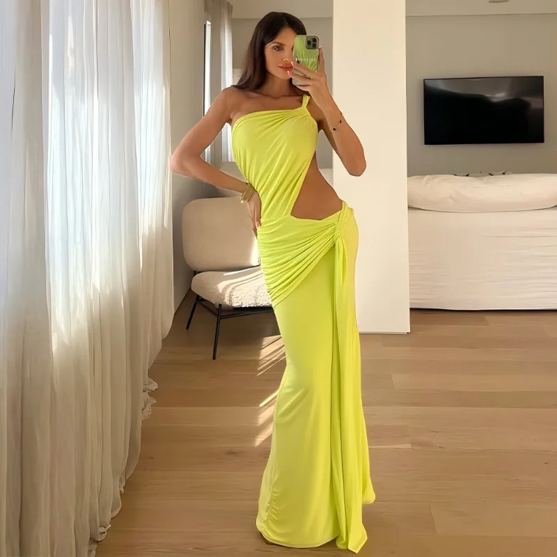 

2026 Summer New Women's Irregular Long Dress With Ribbon Hollow Out Patchwork Bodycon Dress Ruched Dress Clothes Vestidos Y2k、