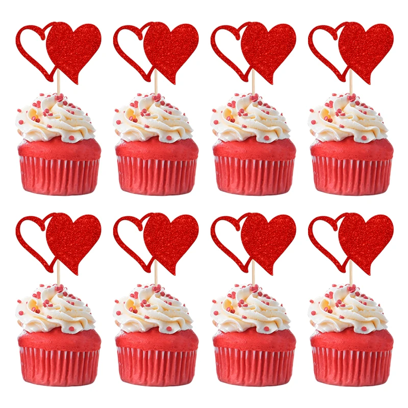 YOMDID 24Pcs Glitter Cake Toppers Red Love Cupcake Toppers Valentine's Day Party Cake Decorations for Weddings Engagements