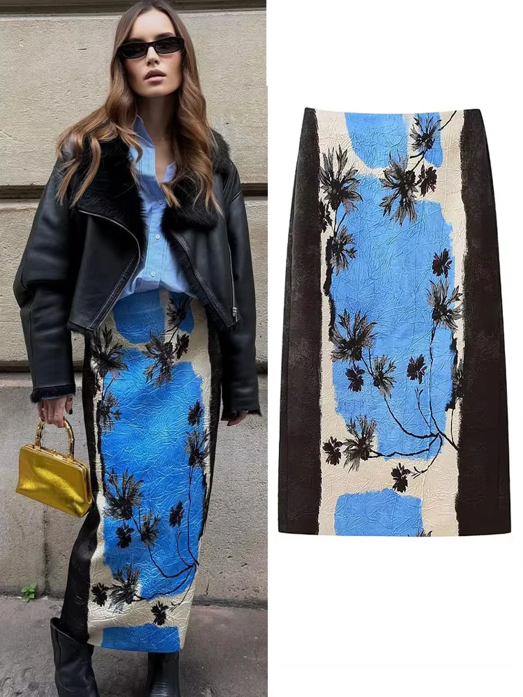 

HH Female Summer New Fashion Retro Versatile Holiday Printed Midi Long Skirt Zipper High Waist Vent Back A Line Straight Skirts