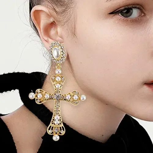 Vintage Golden Pearl Cross Stud Earrings Crystal Diamond Sun Stud Earrings for Women Birthday Mother's Day Ornament Gift