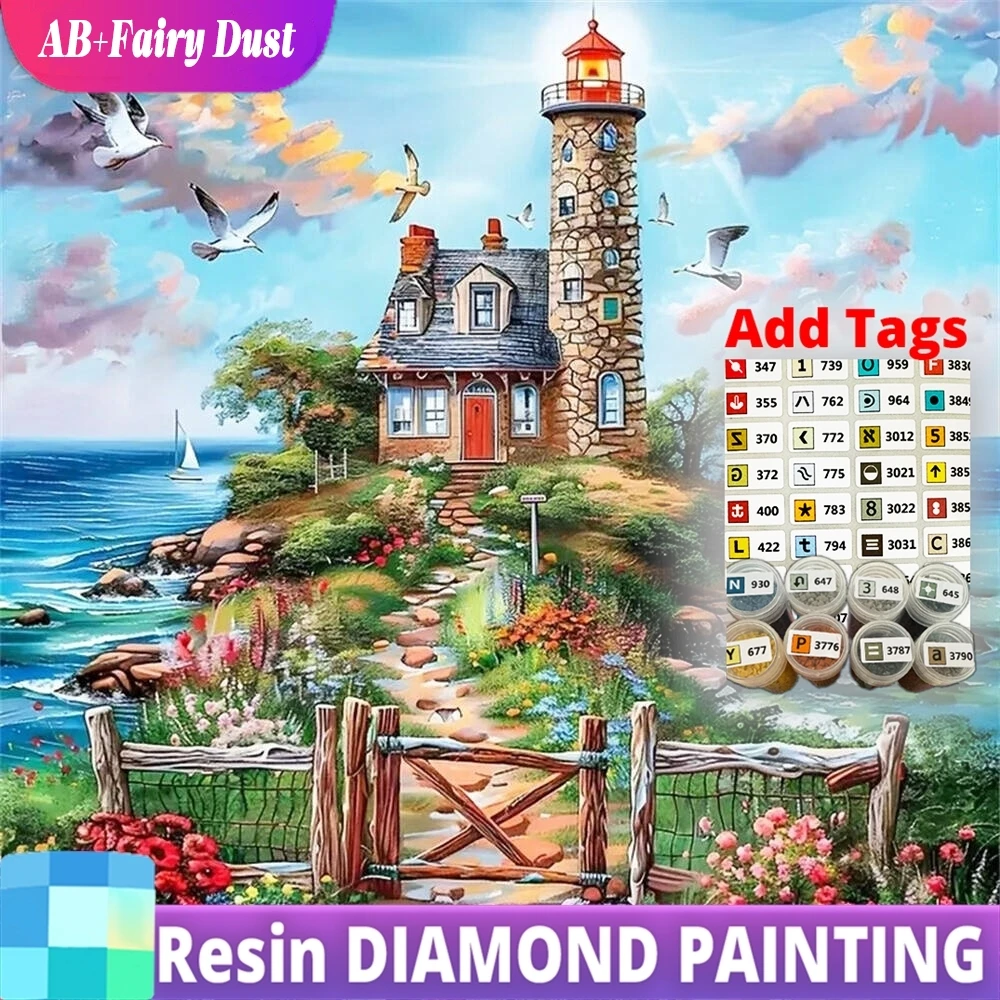 

Resin AB Fairy Dust New Arrival Diamond Embroidery Lighthouse House Painting Landscape Full Square Round Mosaic Seaside Decor Ho