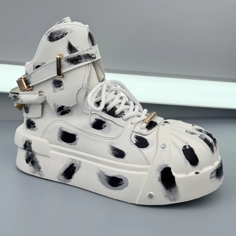 Men's White Black Brush Stroke Pattern Platform High Top Sneakers Casual Shoes Buckle Decor Fashion Chunky Shoes for Male
