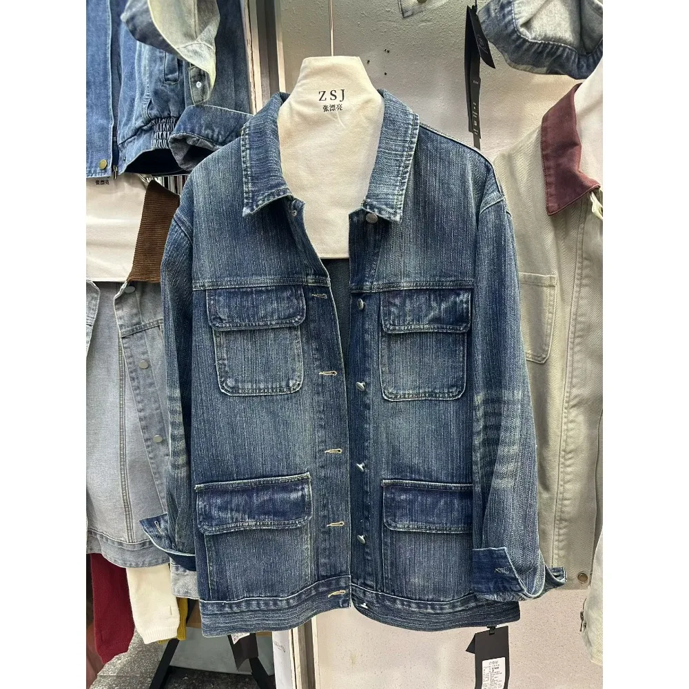 SuperAen Retro Polo Collar Safari Style Denim Jacket for Women Autumn New Korean Style Long-sleeved Loose Casual Jacket Tops