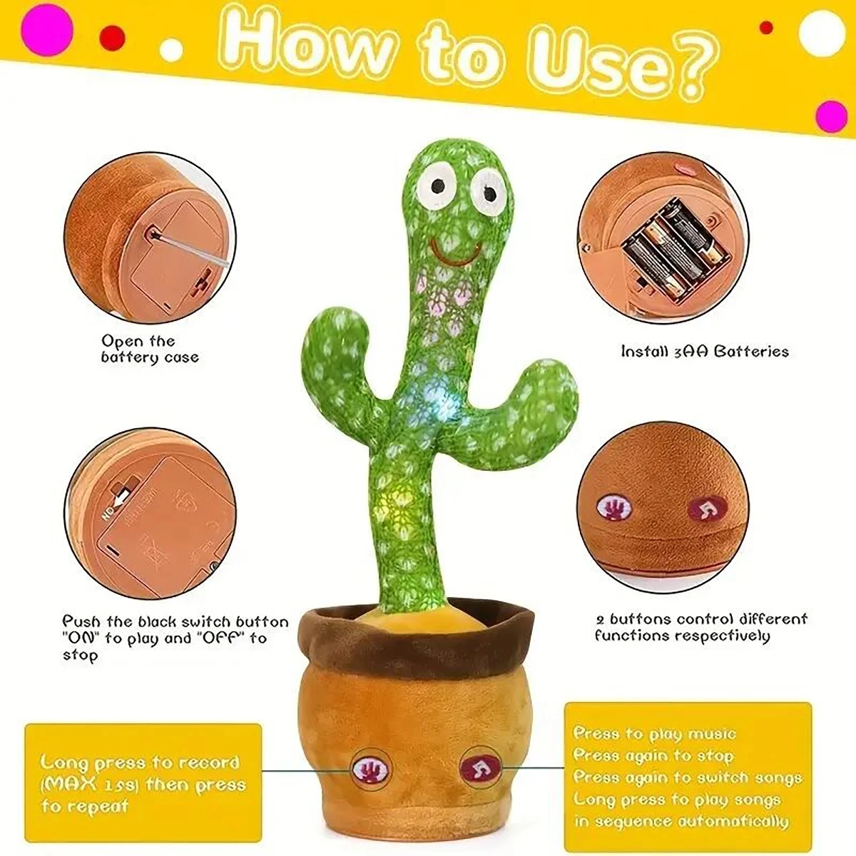 1pc-Dancing Talking Cactus Toys For Baby Boys And Girls, Singing Mimicking Recording Repeating What You Say Sunny Cactus Up Plus