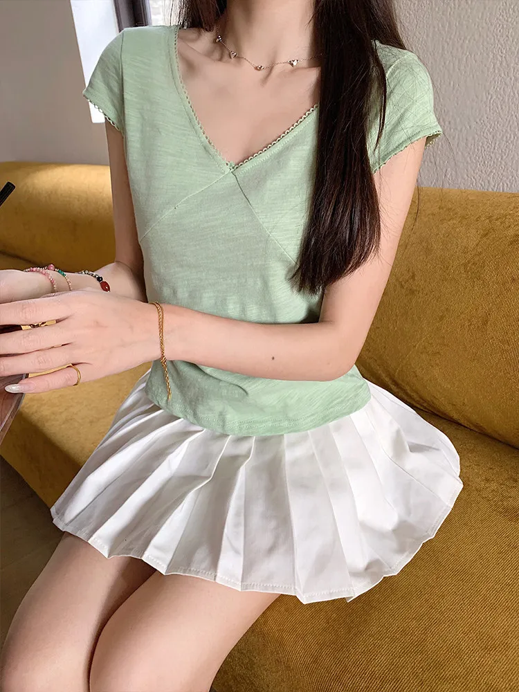 Green V-Neck Short Sleeve Tee Retro Clothing Pullover Cotton Shirt Summer T-shirt Basic Casual Cropped Tops Roupas Feminina