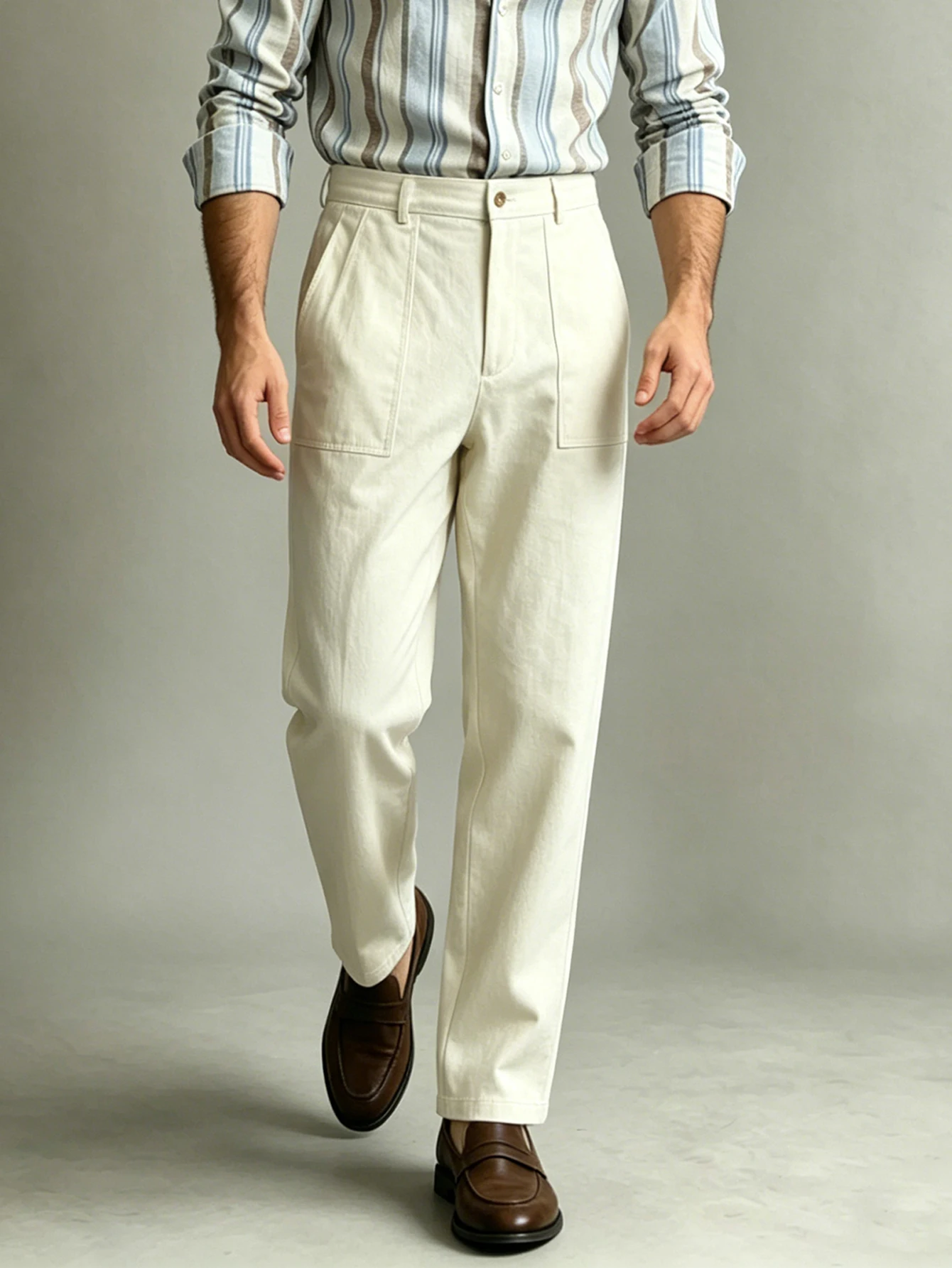 Men's Italian Naples Style Solid Dress Pants, Elegant Light Business Commuter Trousers, Loose Straight Leg Casual Suit Pants