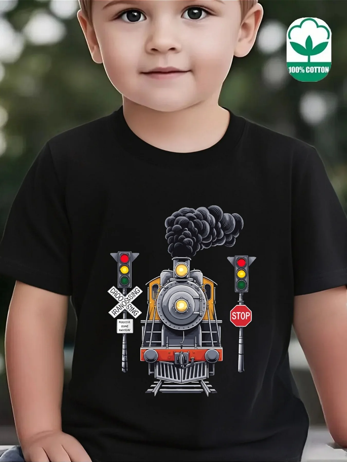 Cute Steam Train Railway Crossing Print Family Matching T Shirt Boys Girls Short Sleeve Parent Child Soft Cotton Casual Tops