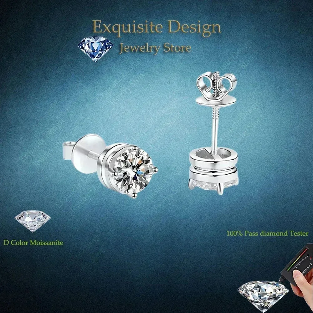Exquisite Design Moissanite 0.3/0.5/1/2 Carat Screw Stud Earrings, Platinum PT950 Earrings for Women Christmas Gift Jewelry