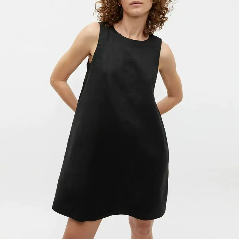 Klassieke effen kleur katoen-linnen damesjurk nieuwe collectie eenvoudige mouwloze tankjurk casual zomerjurken met ronde hals