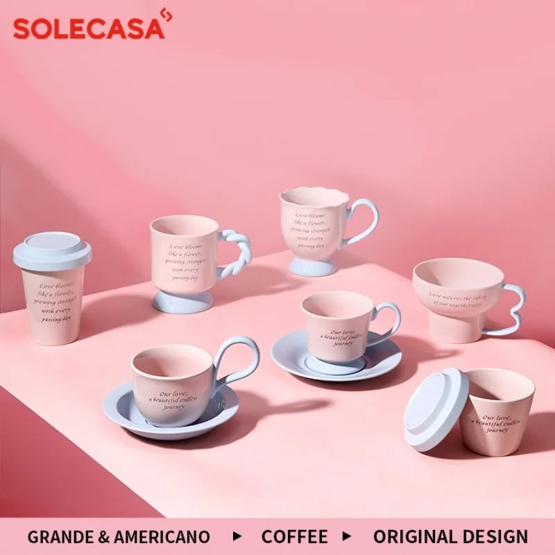 SOLECASA Keramikbecher Macaron-Serie Kaffeetasse und Untertasse Set Multifunktionale Wasserbecher Rosa Blau Home Breakfast Kaffeetassen