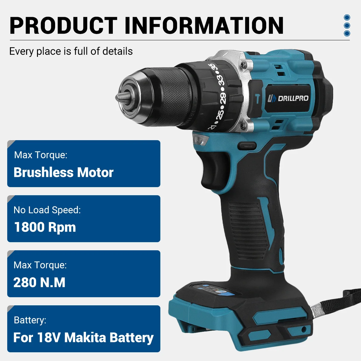 Imagem -03 - Drillpro-brushless Electric Impact Drill Chave de Fenda sem Fio Hammer Cordless 20 Mais Torque Power Tools para Bateria Makita 13 mm