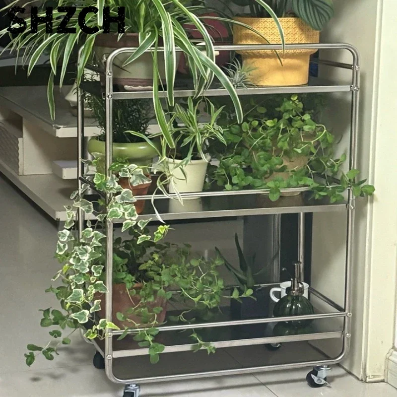 Ins Modern Style Stainless Steel Shelf Multi-layer Floor Kitchen Storage Removable Pulley Storage Cart Bathroom Storage Trolleys