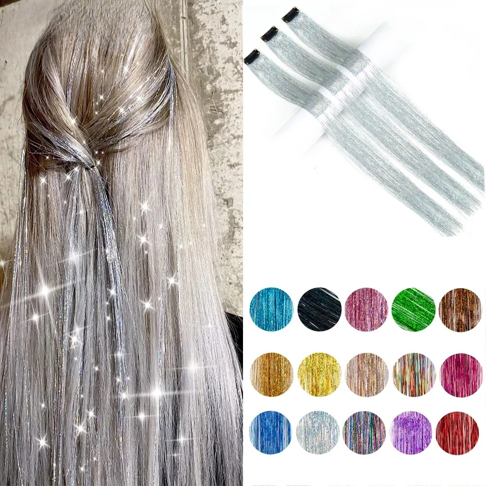 

Clip In Hair Tinsel Sparkle Hair Extension Rainbow Highlights Glitter Tinsel Hair Clip In Long Stright Fake Hairpieces For Women