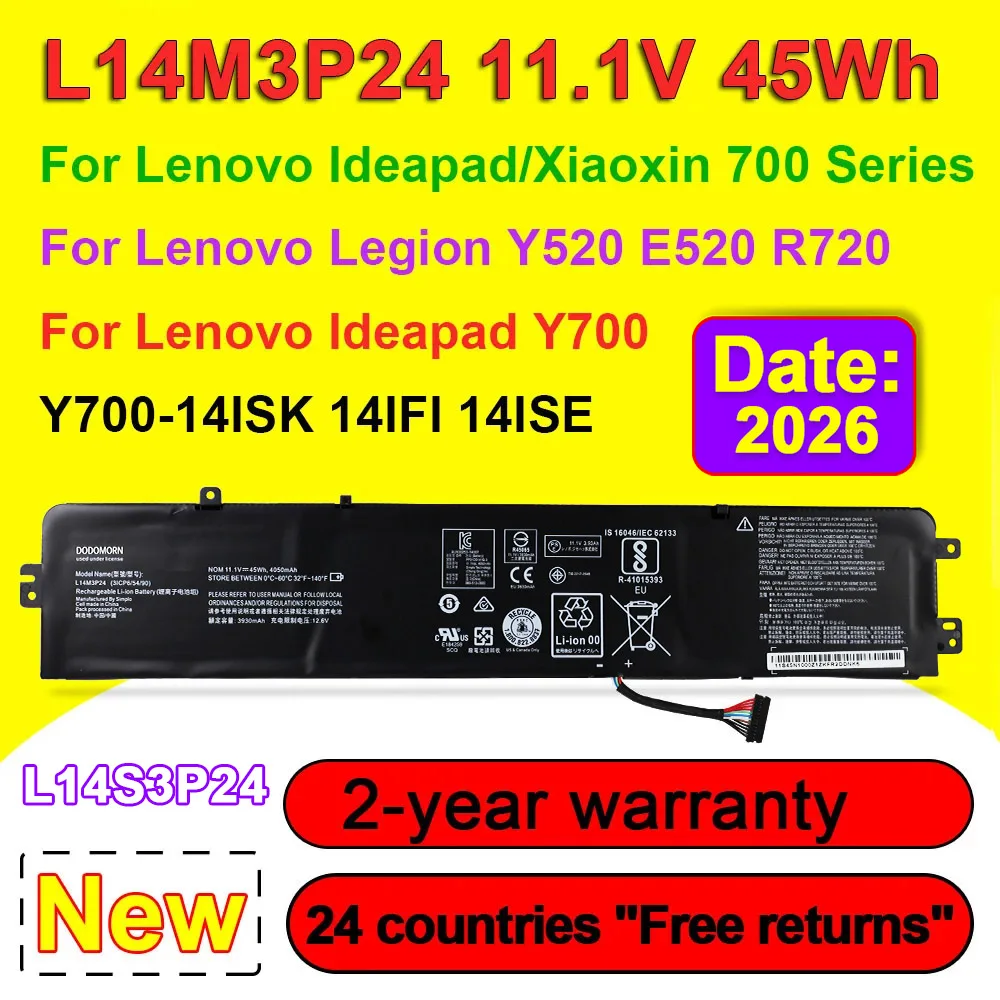 Batería L14M3P24 L14S3P24 para portátil Lenovo IdeaPad Xiaoxin 700 Y700 Y720 14ISK Legion Y520 E520 R720 Series 11,1 V 45Wh 4050mAh