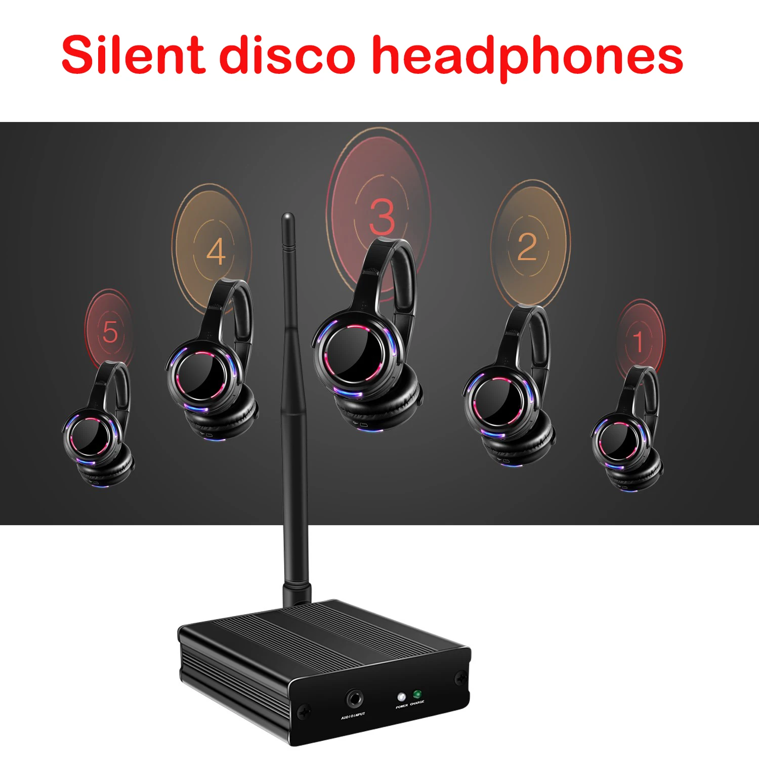 Rechargeable Silent Disco LED Wireless Headphones Bundle with 5pcs Headsets 1 Transmitter 500m Distance