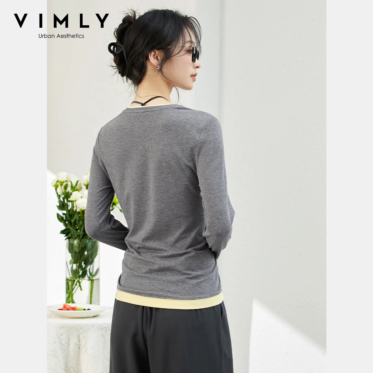 VIMLY Grey Patchwork 2 in 1 T-shirt 2025 Autumn Casual New Long Sleeve Crew Neck Slim Fitting Knitted Tops Female Clothing A1953