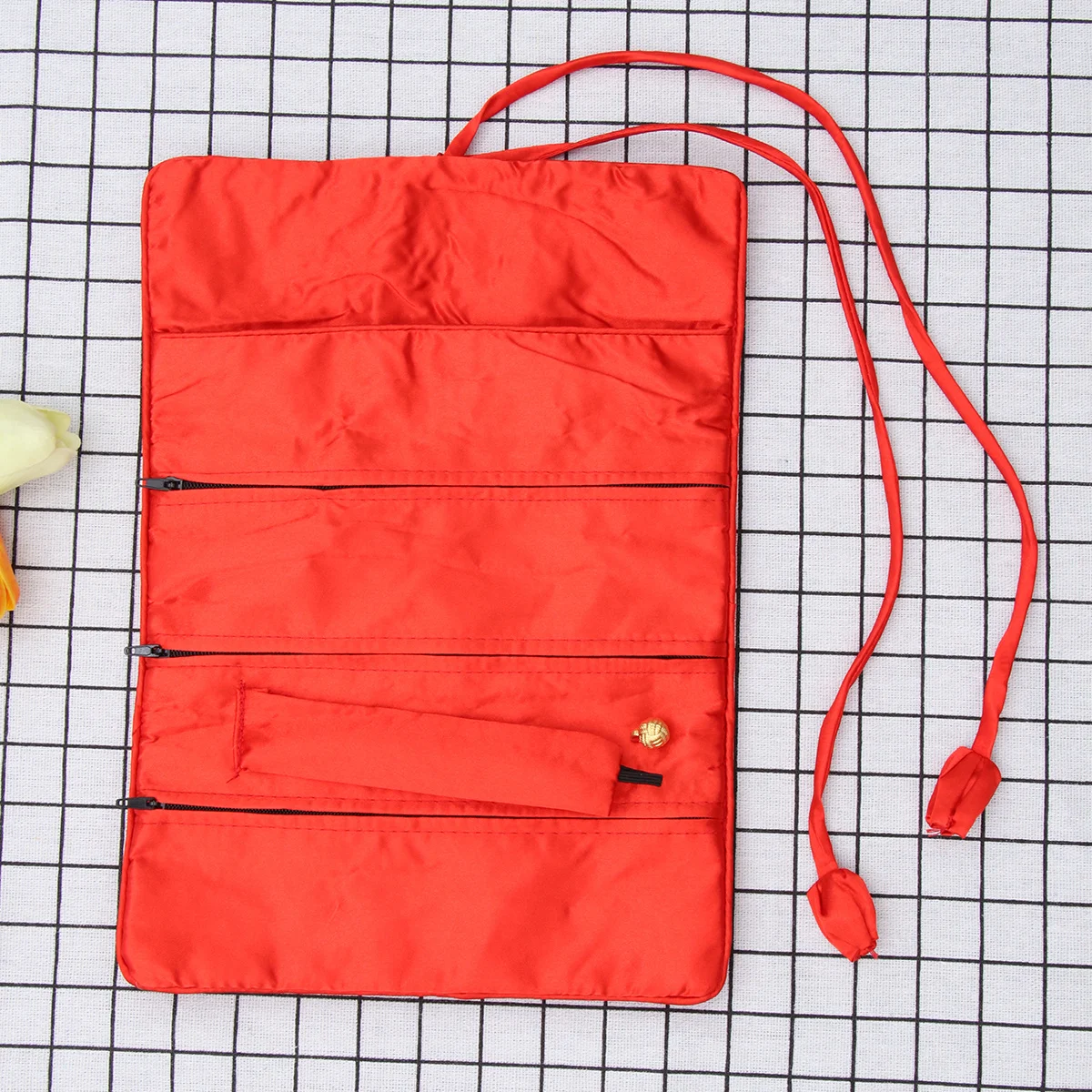 

Red Embroidered Jewelry Roll Bag Handmade Silk Satin Floral Organizer Travel Jewelry Pouch Storage Handbag