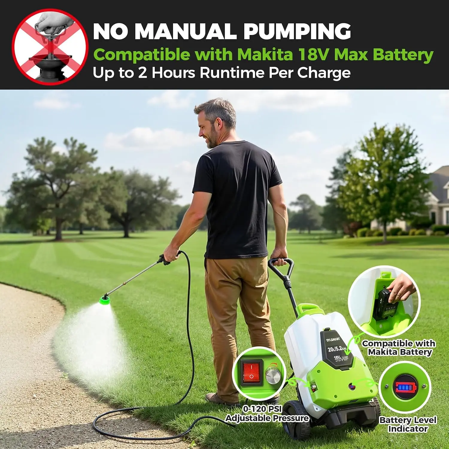 Battery Powered Backpack Sprayer Wheeled Cart 52 Gallon 0120 PSI Adjustable Pressure 164FT Hose 8 Nozzles 18V Battery Compatible