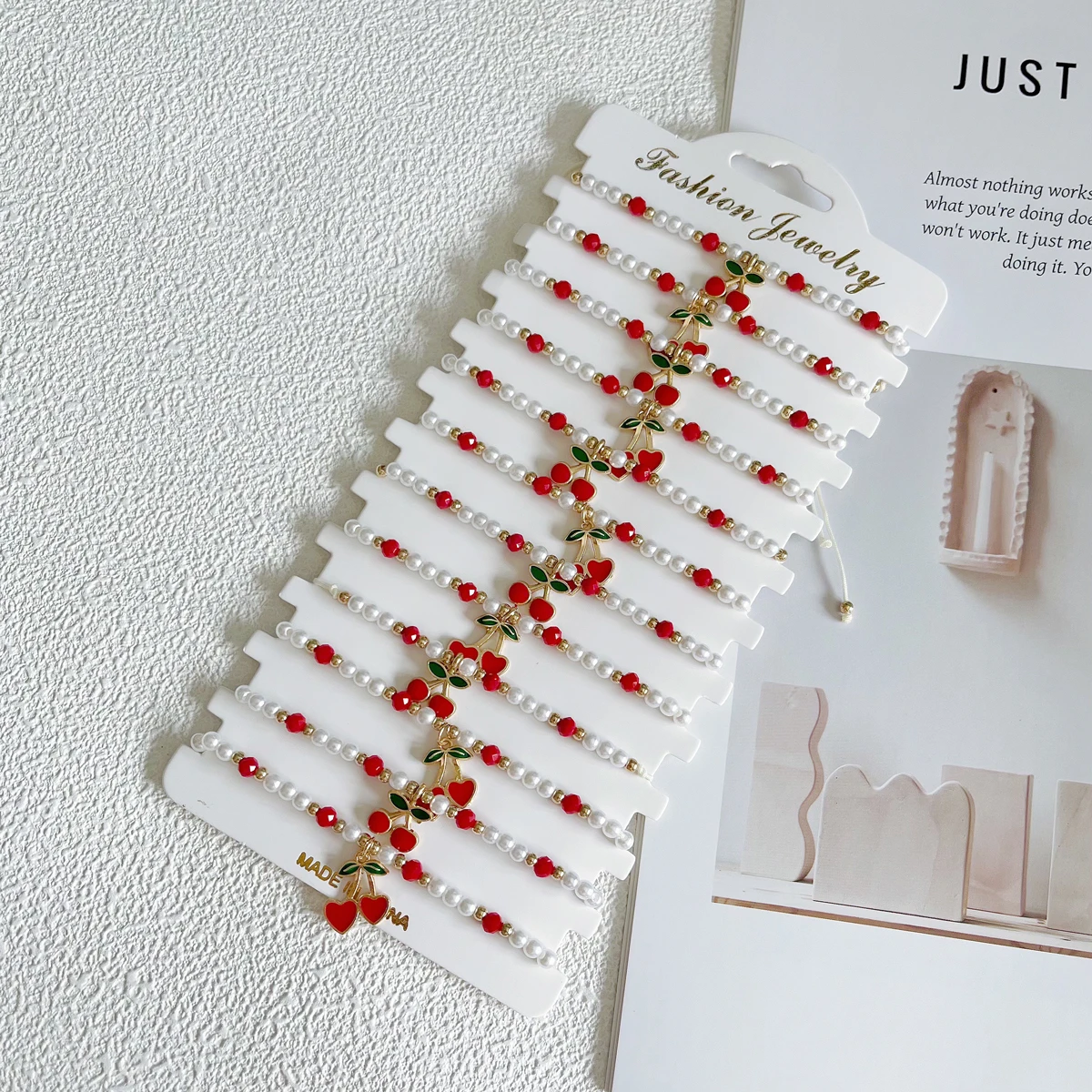 12Pcs Red Cherry Pendants With Red Crystal And Pearl Beaded Couple Bracelets Christmas gifts