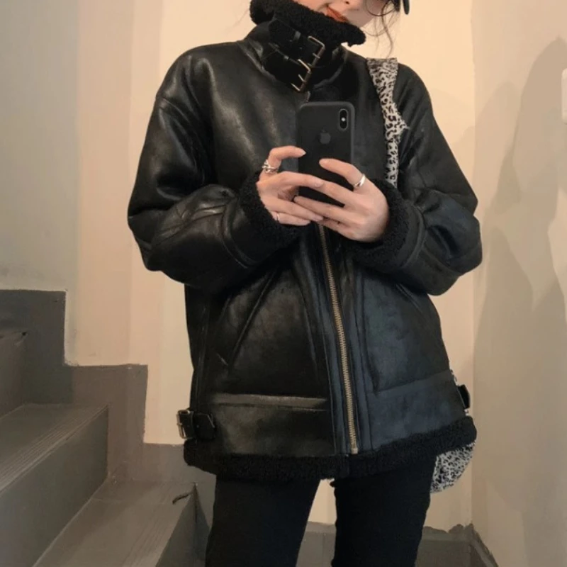 Модная куртка-бомбер на молнии из овчины, верхняя одежда, женская теплая зимняя парка из искусственного меха, замши, парки из овечьей шерсти, пальто