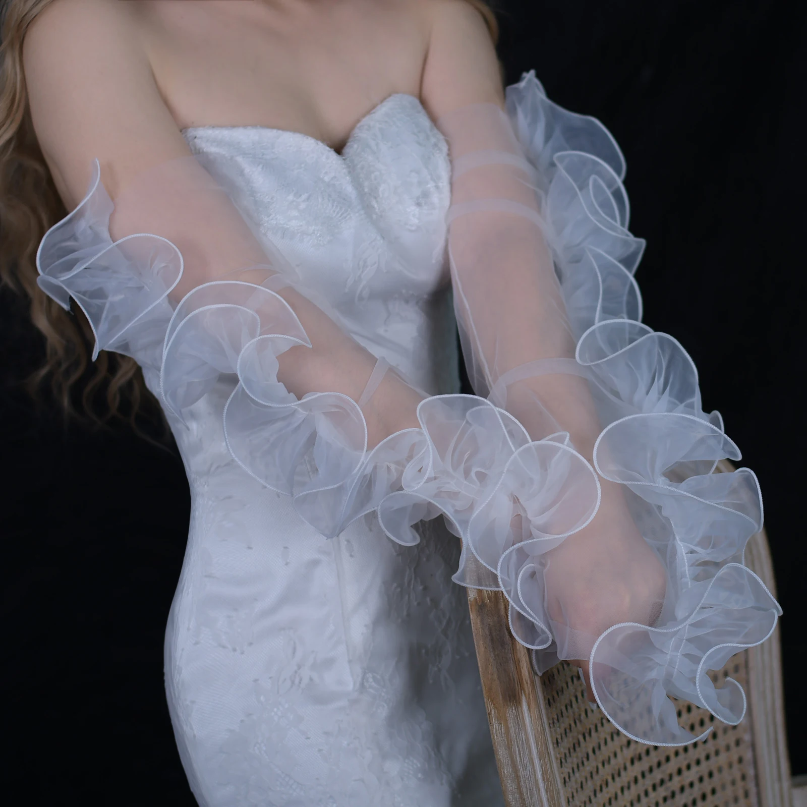 Manicotto da sposa staccabile manica rimovibile guanti da sposa in Organza con bordi arruffati accessori per feste di addio al nubilato VM35