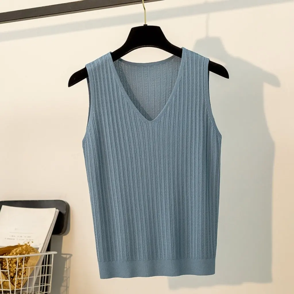 

Women's Summer Sleeveless Inner Shirt Ice Silk Knitted Camisole Thin Short Outwear for Suit Bottoming