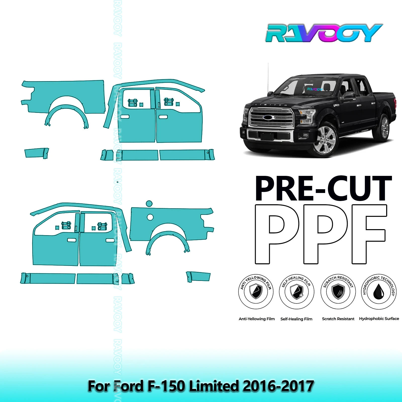 

For Ford F-150 Limited 2016-2017 8.5mil Clear Matte Pre-Cut PPF Door & A/B Pillar Kit TPU Paint Protection Film Set