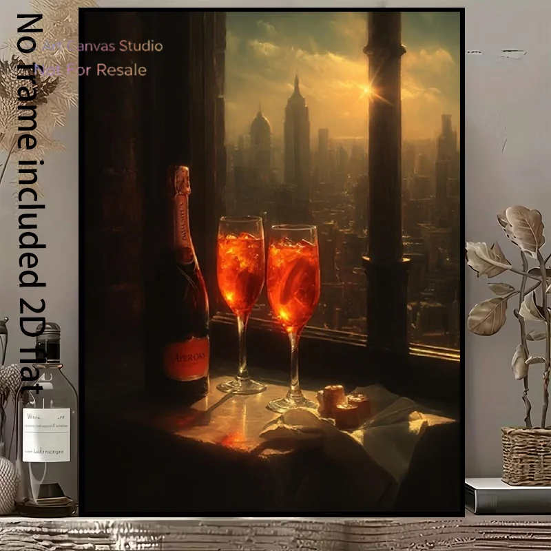2D Flat, 2D Flat, A 2D Flat Canvas Painting Depicting a City Skyline at Sunset, with a Bottle of Champagne And Two Glasses of