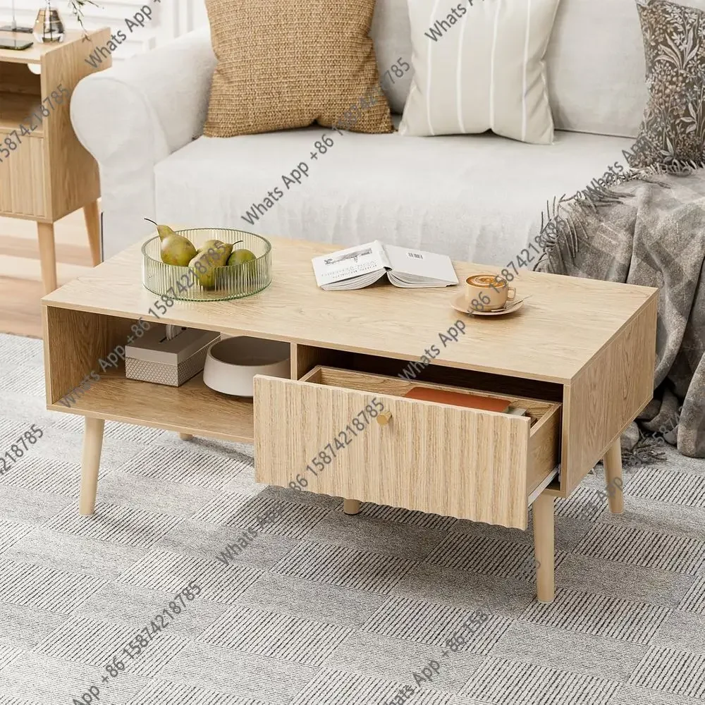 

N64 Table with Storage, Dining Table with Luted Edge and Solid Wood Legs, Small Coffee Tables for Living Room, Oak