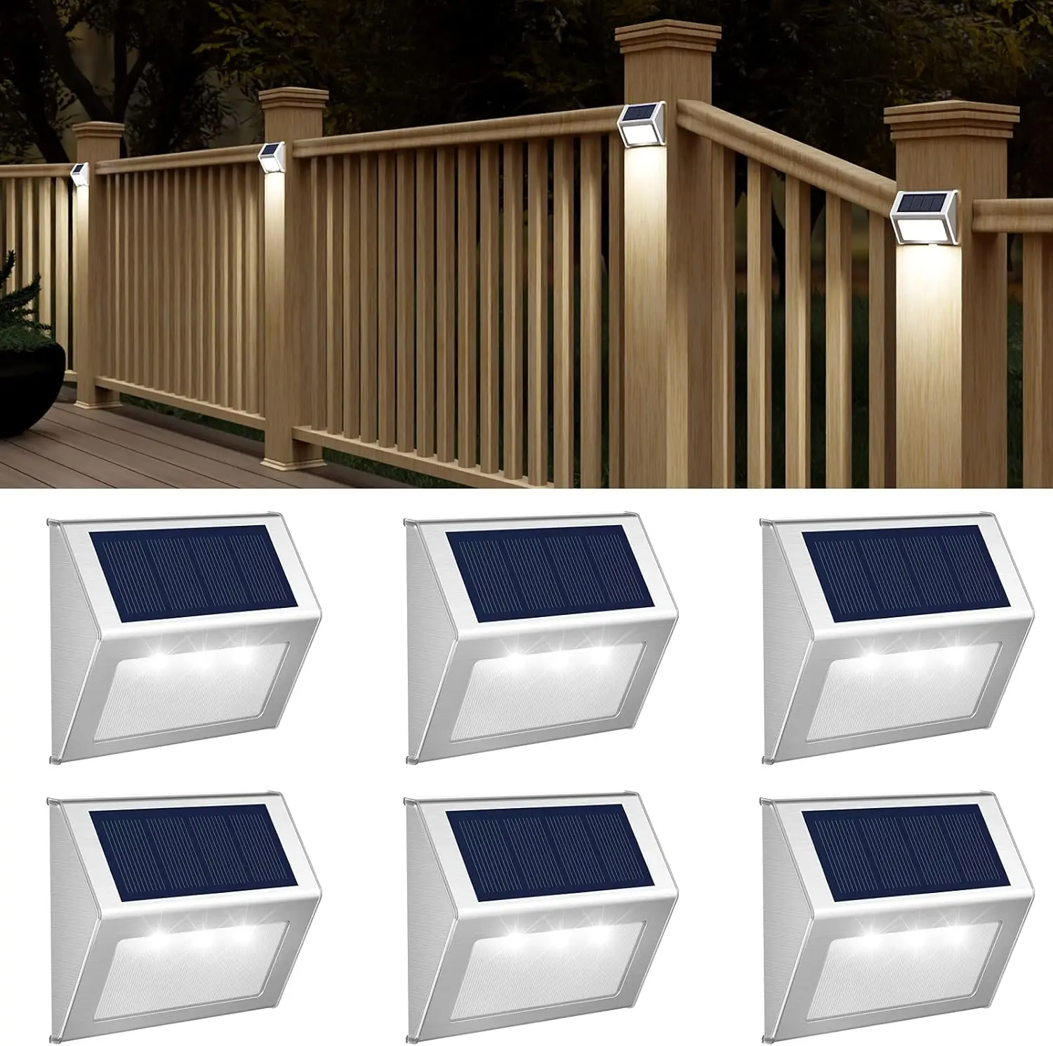

Outdoor Solar Lights, 6-Pack Waterproof Deck Lights for Fence, Patio, Stairs – 3LED Cool White