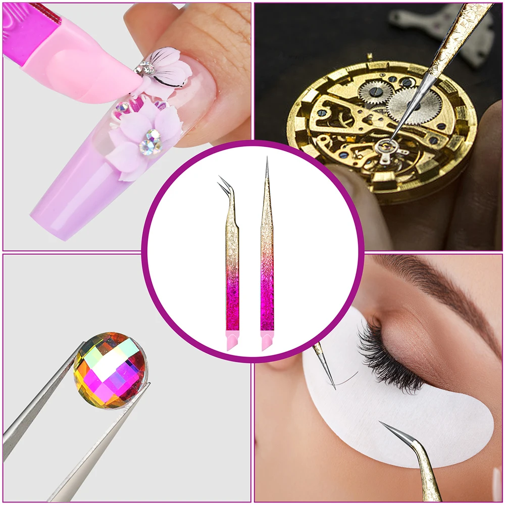Double Ended Nail Art Pincet Roestvrijstalen Rechte Gebogen Tip Pincet Met Siliconen Drukkop Nagel Ambachten Picker Gereedschap